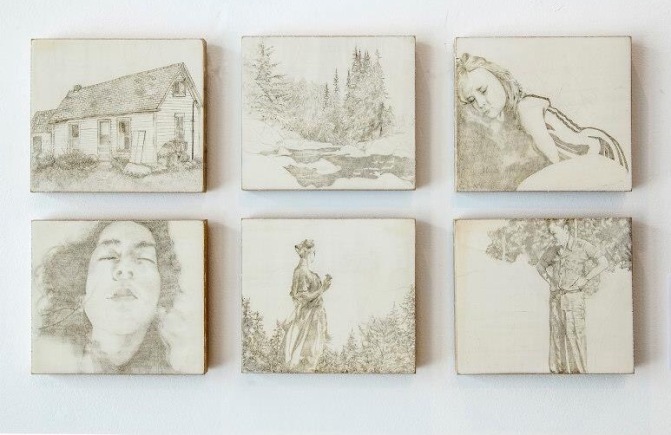 Series Title: “How Sweet the Night When Sleeping Safe” Materials: 6 panels, 5” x 6” each Size: Silverpoint on board Year: 2013 Statement: This is a quiet contemplation of the relief and tranquility, as well as the tensions of looming overbearance, that abide in a woman’s heart when she has searched a long time to find a man’s arms to hold her close while sleeping, and so she stifles the intuition that whispers to her that her man is not a kind man. Descriptive Text: This is a series of six postcard-sized silverpoint drawings on gessoed board. They each represent a part of the theme of the group’s title. Silverpoint is the technique of drawing with a sharpened rod of silver. The silver deposited on the surface oxidizes slowly over time with exposure to the air, producing a soft, shimmery, ghostly look. 1. This is a drawing of the artist at age 5. She is wearing a striped bathing suit and curled up, sleeping. Her eyes are closed tight; the concentration of dreaming is expressed in her face. 2. This is a drawing of the head and shoulders of the artist’s sleeping lover from long ago. He is Argentinian, Indigenous, with long black silky hair splayed across the pillow. The ghostly appearance of the silverpoint medium makes his hair look like smudges of smoke. He is 19 years old. 3. This is a drawing of the ramshackle rural cottage where the artist was born. The roof bows a bit in the middle, the shingles curled with age. Around the foundation, someone has piled old bales of straw in an attempt to insulate the building against the cold Prairie winter. The screen front door hangs awkwardly off one hinge. The yard is unkempt. The scene is still and lonely. 4. This is a drawing of a remote nameless stream in a remote nameless woods in the deep of winter in Northern Ontario, 1935. Dark pines contrast with the heavy white snow that causes their boughs to dip towards the ground. Rocks along the streambed are softened and rounded by their white snow-cover. Dark moving water breaks the white monotony of ice here and there where rapids prevent freezing. 5. This is a drawing of the statue of an anonymous woman, solitary on a mountainside in Slovenia. She gazes out forever over the valley of pine trees stretching down and away from her feet. Her skirts are frozen in a billowing gesture, as if wind were lifting the motionless metal fabric. 6. This is a drawing of the artist’s grandfather as a young man, newly married. He stands tall, with hands on his waist, elbows pointing out at the sides. He is looking downwards sternly at his wife, who is just out of frame.